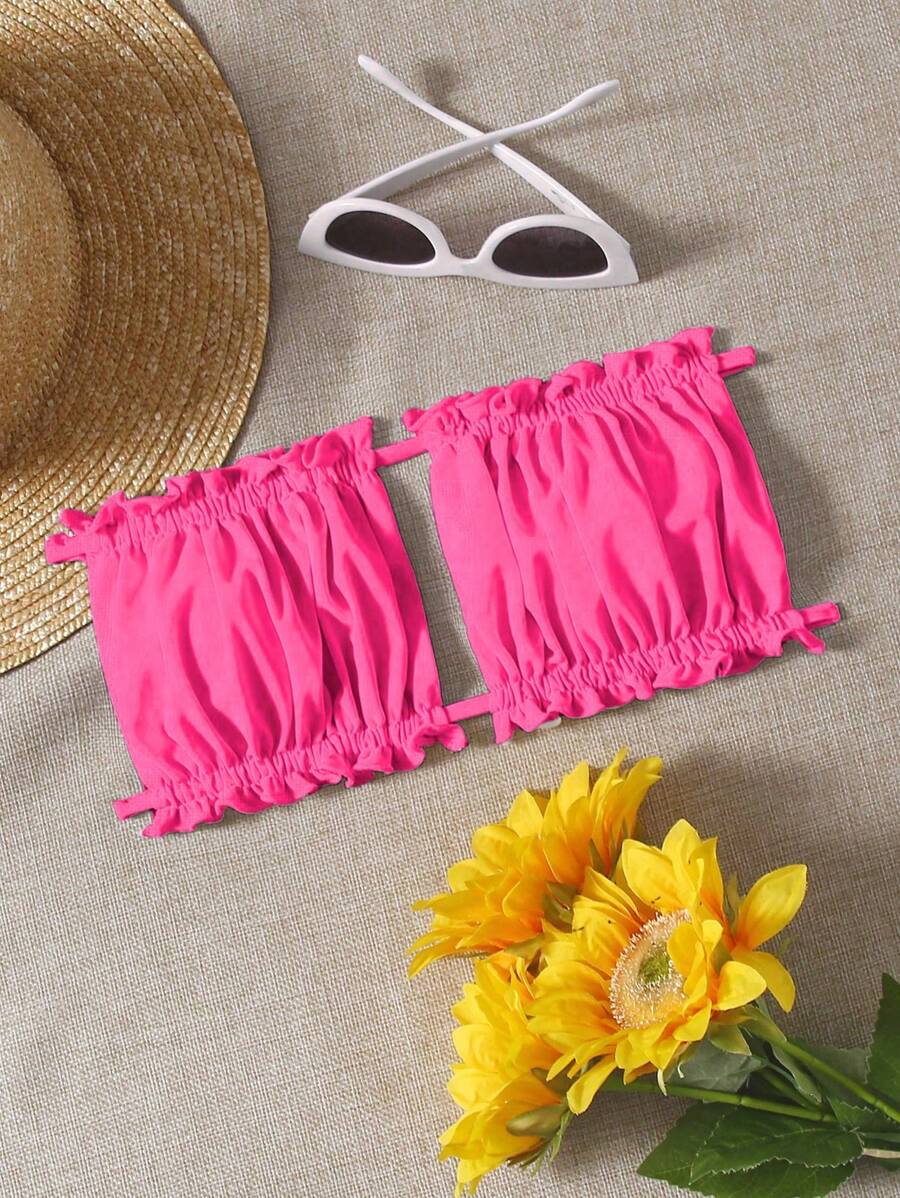 Swim Vcay Summer Beach Frill Trim Ruched Bust Bandeau Bikini Top - Hot Pink - View 1