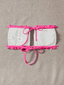 Swim Vcay Summer Beach Frill Trim Ruched Bust Bandeau Bikini Top - Hot Pink - View 2