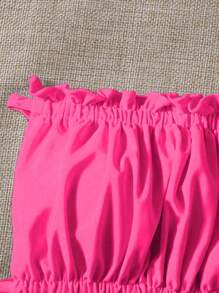 Swim Vcay Summer Beach Frill Trim Ruched Bust Bandeau Bikini Top - Hot Pink - View 4