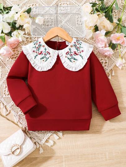 SHEIN Elladie kids 圣诞节女孩花卉刺绣个性领口运动衫