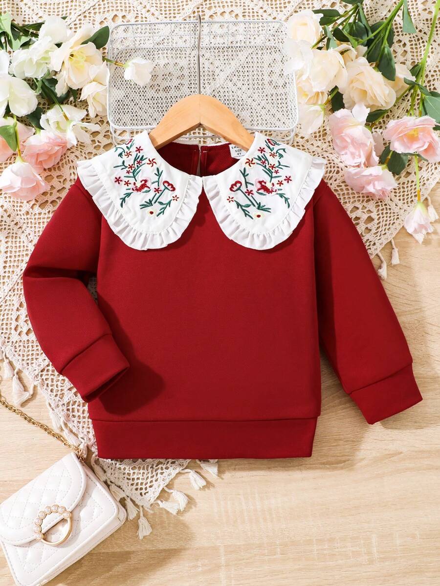 SHEIN Elladie kids 圣诞节女孩花卉刺绣个性领口运动衫