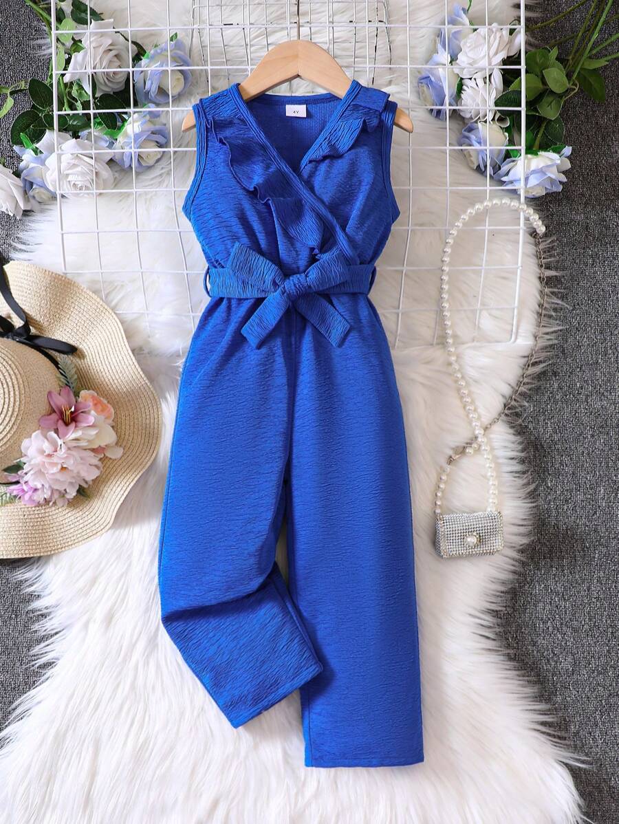 SHEIN Young Girl Ruffle Trim Belted Jumpsuit - Blue - View 1