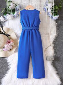 SHEIN Young Girl Ruffle Trim Belted Jumpsuit - Blue - View 2