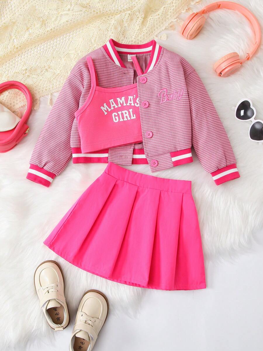 SHEIN 女小童字母圖案條紋飾邊學院風夾克&吊帶上衣&百褶半身裙 - 粉色 - 查看 1