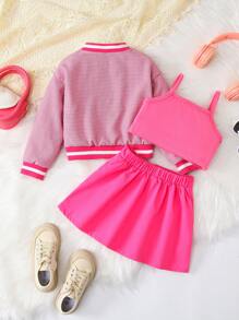 SHEIN 女小童字母圖案條紋飾邊學院風夾克&吊帶上衣&百褶半身裙 - 粉色 - 查看 2