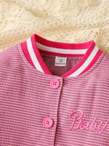 SHEIN 女小童字母圖案條紋飾邊學院風夾克&吊帶上衣&百褶半身裙 - 粉色 - 查看 4