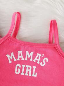 SHEIN 女小童字母圖案條紋飾邊學院風夾克&吊帶上衣&百褶半身裙 - 粉色 - 查看 7