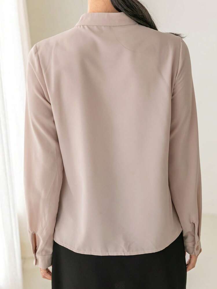 1pc Women's Casual Business Style Plain Ruffle Hem Long Sleeve Blouse,Fall Clothes