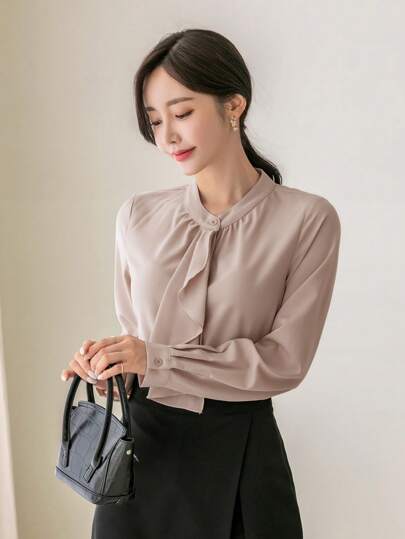 DAZY 1 件女士休闲商务风格纯色荷叶边下摆长袖衬衫，秋季服装