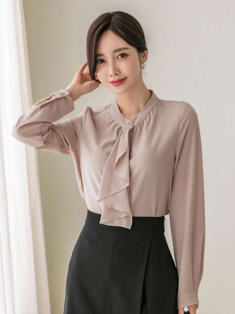 1pc Women's Casual Business Style Plain Ruffle Hem Long Sleeve Blouse,Fall Clothes