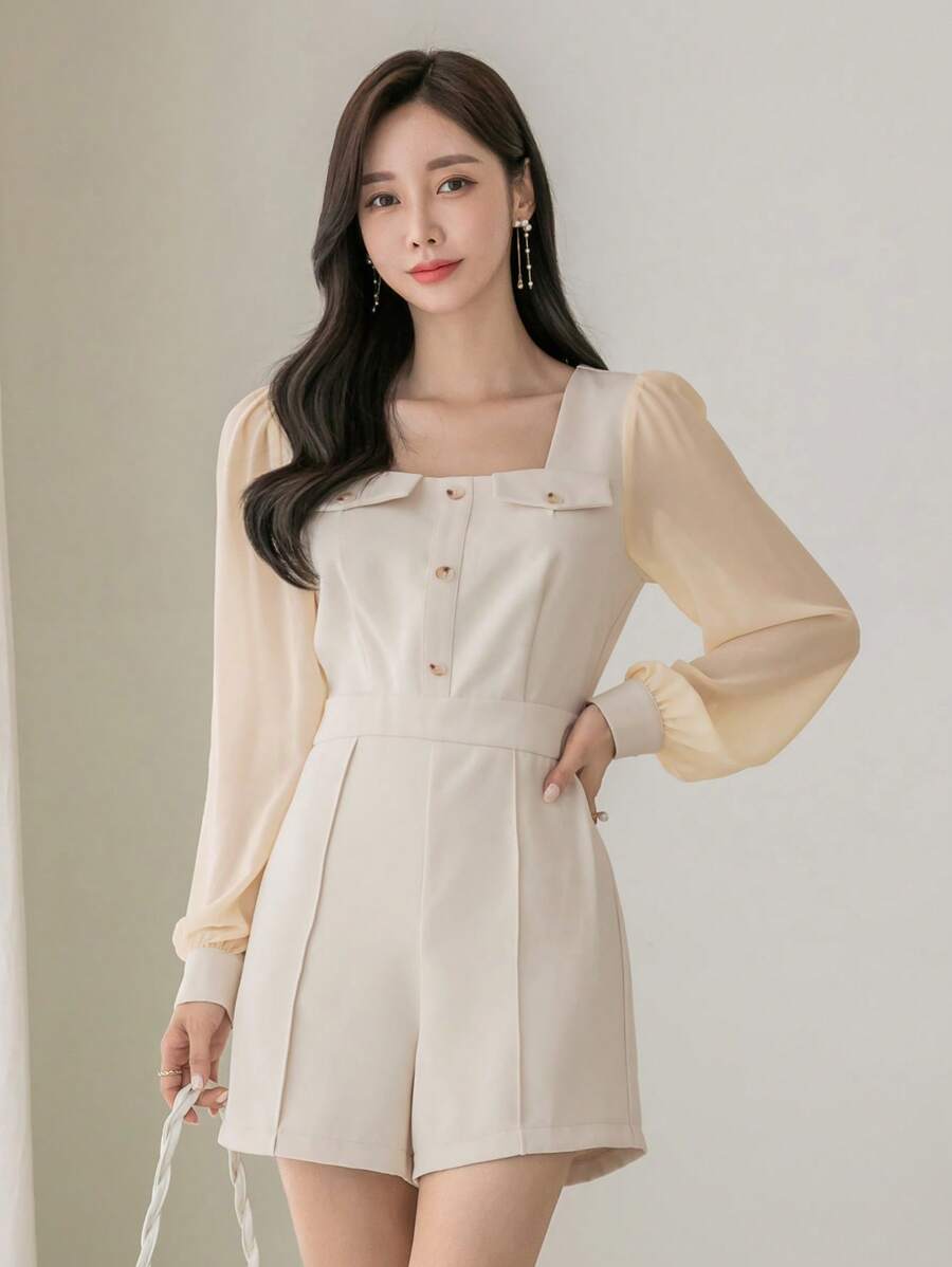 DAZY 方領前紐扣連身短褲 - 米色 - 查看 1