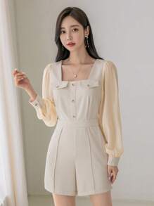 DAZY 方領前紐扣連身短褲 - 米色 - 查看 7