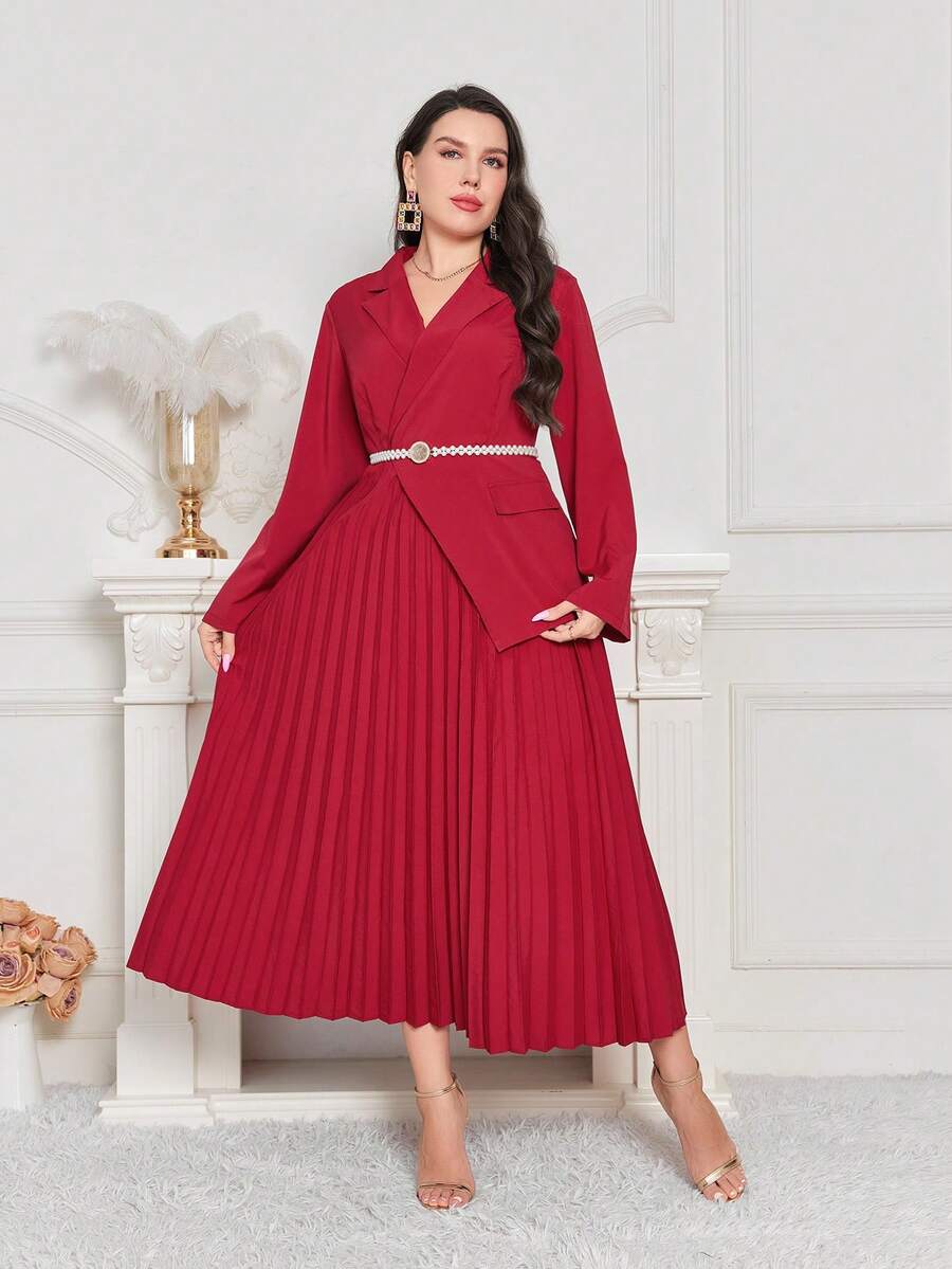 Modelyn Hơn Cổ áo Viền xếp Đầm Không có thắt lưng - Màu Đỏ Sâu - Xem 1