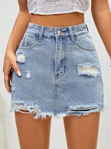 SHEIN ICON Ripped Raw Hem Denim Skort - Light Wash - View 2