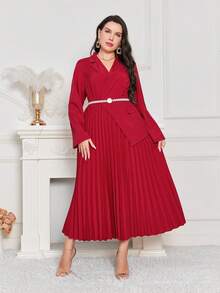 Modelyn Hơn Cổ áo Viền xếp Đầm Không có thắt lưng - Màu Đỏ Sâu - Xem 3