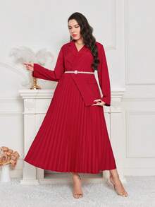 Modelyn Hơn Cổ áo Viền xếp Đầm Không có thắt lưng - Màu Đỏ Sâu - Xem 4