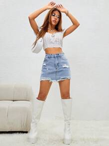 SHEIN ICON Ripped Raw Hem Denim Skort - Light Wash - View 6