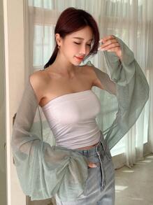 DAZY Chất rắn tay áo lá sen Top Cây trồng - Màu xanh Bạc hà - Xem 1