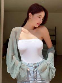 DAZY Chất rắn tay áo lá sen Top Cây trồng - Màu xanh Bạc hà - Xem 3