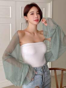 DAZY Chất rắn tay áo lá sen Top Cây trồng - Màu xanh Bạc hà - Xem 5