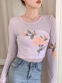 DAZY 花卉印花网眼插入式透明 T 恤 - 紫色 - 查看 3