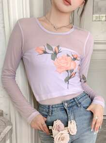 DAZY 花卉印花网眼插入式透明 T 恤 - 紫色 - 查看 4