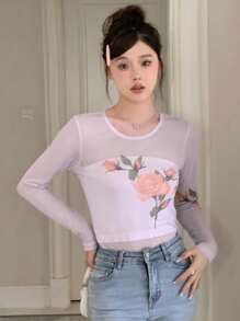 DAZY 花卉印花网眼插入式透明 T 恤 - 紫色 - 查看 5