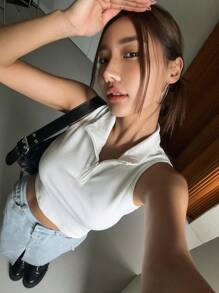 DAZY Chất rắn Đồ đan Ribbed Crop Tank Top - trắng - Xem 2