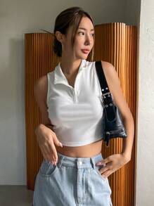 DAZY Chất rắn Đồ đan Ribbed Crop Tank Top - trắng - Xem 4