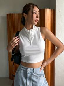 DAZY Chất rắn Đồ đan Ribbed Crop Tank Top - trắng - Xem 5