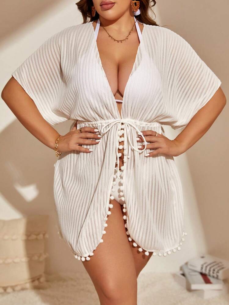 SHEIN Swim Curve Kimono mit tiefem Ausschnitt, Fledermausärmeln, Pompon, Besatz, Schlitz, - Weiss - Übersicht 4