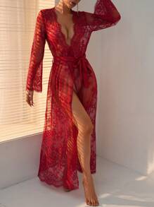SHEIN Floral Lace Belted Robe Lingerie - Red - View 1