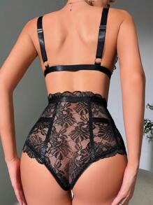 SHEIN Classic Sexy Floral Lace Zip Front Lingerie Set - Black - View 4