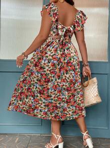 SHEIN Franclia Plus Allover Floral Print Tie Backless Ruffle Trim Dress - Orange - View 1