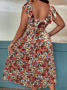 SHEIN Franclia Plus Allover Floral Print Tie Backless Ruffle Trim Dress - Orange - View 2