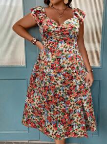 SHEIN Franclia Plus Allover Floral Print Tie Backless Ruffle Trim Dress - Orange - View 5