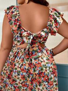 SHEIN Franclia Plus Allover Floral Print Tie Backless Ruffle Trim Dress - Orange - View 6