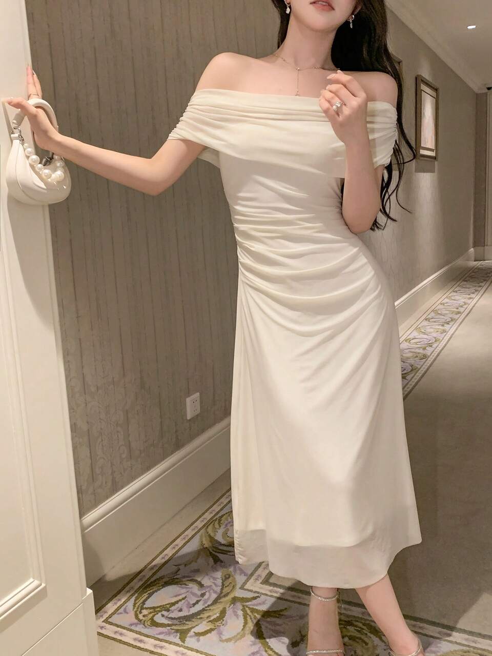 Off Shoulder Solid Ruched Side Mesh Overlay Homecoming Dress Prom Dress Elegant Sundress Wedding Women Dresses Maxi Dress Cocktail Dress