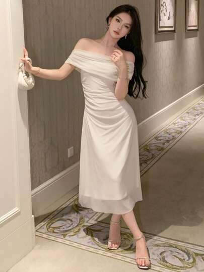 DAZY 露肩纯色褶皱侧边网纱拼接返校礼服舞会礼服优雅吊带裙婚纱女装长裙鸡尾酒礼服