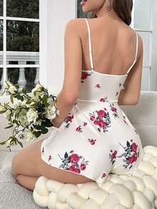 印花蕾絲拼接吊帶連體短褲