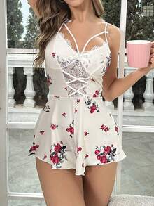 印花蕾絲拼接吊帶連體短褲