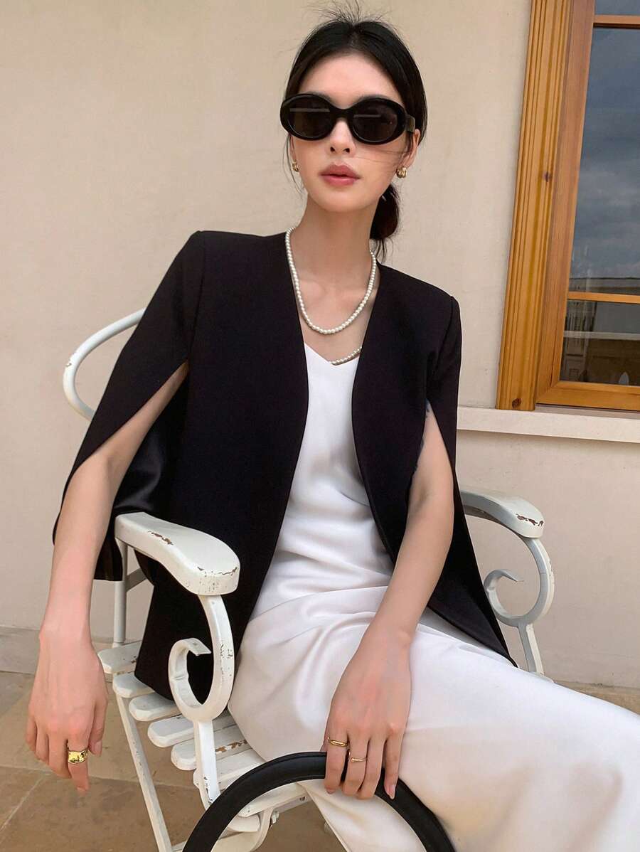 DAZY Chất rắn Mở Mặt trước Cape Blazer - màu đen - Xem 1