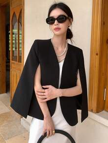 DAZY Chất rắn Mở Mặt trước Cape Blazer - màu đen - Xem 6