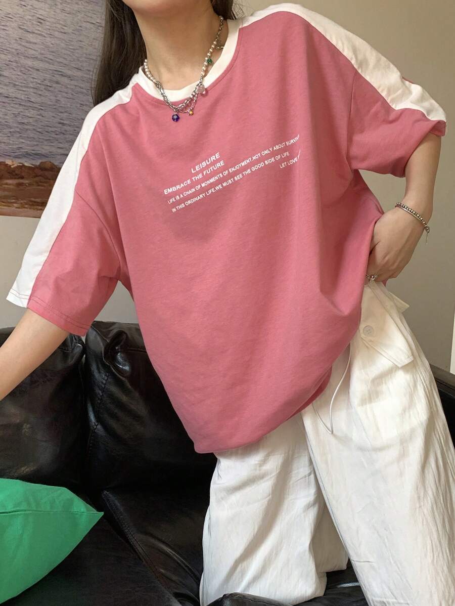 DAZY 标语图案落肩T恤休闲拥抱未来生活是一连串的享受时刻,不仅仅是为了生存在这平凡的生活中,我们必须看到生活的美好,让爱 - 粉色 - 查看 1
