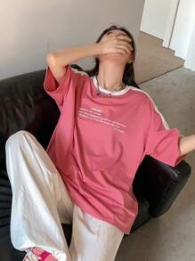 DAZY 标语图案落肩T恤休闲拥抱未来生活是一连串的享受时刻，不仅仅是为了生存在这平凡的生活中，我们必须看到生活的美好，让爱 - 粉色 - 查看 5