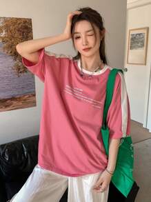 DAZY 标语图案落肩T恤休闲拥抱未来生活是一连串的享受时刻，不仅仅是为了生存在这平凡的生活中，我们必须看到生活的美好，让爱 - 粉色 - 查看 16
