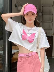 DAZY 蝴蝶和標語圖案落肩袖短款T恤 - 白色 - 查看 3