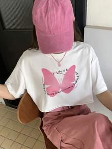 DAZY 蝴蝶和標語圖案落肩袖短款T恤 - 白色 - 查看 4