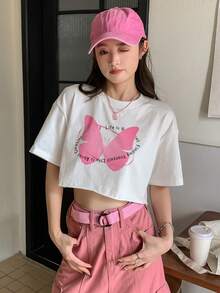 DAZY 蝴蝶和標語圖案落肩袖短款T恤 - 白色 - 查看 5