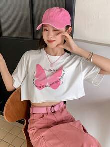 DAZY 蝴蝶和標語圖案落肩袖短款T恤 - 白色 - 查看 2